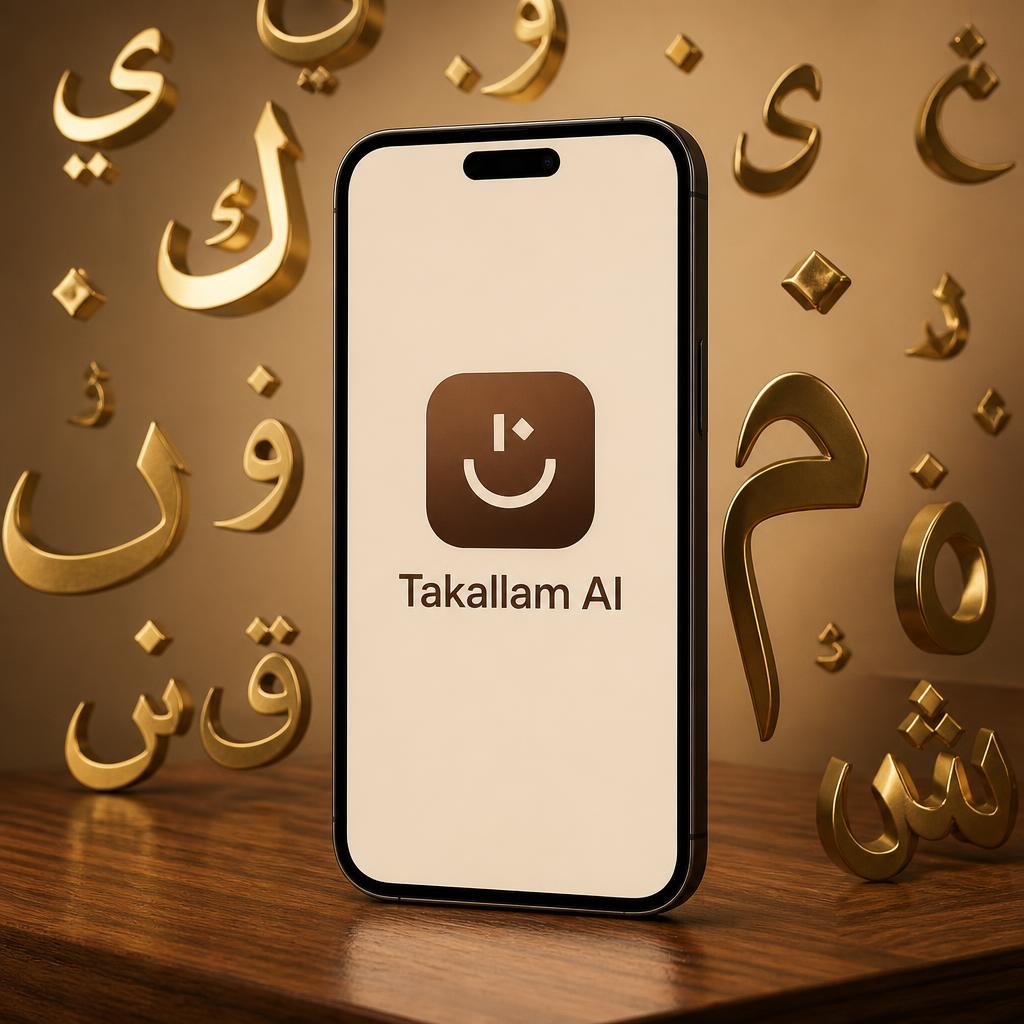 Takallam AI app on phone with gold Arabic calligraphy